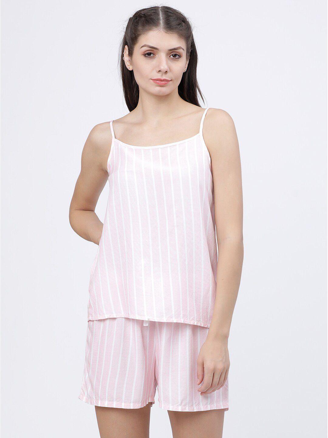 tokyo talkies women light pink & white striped night suit