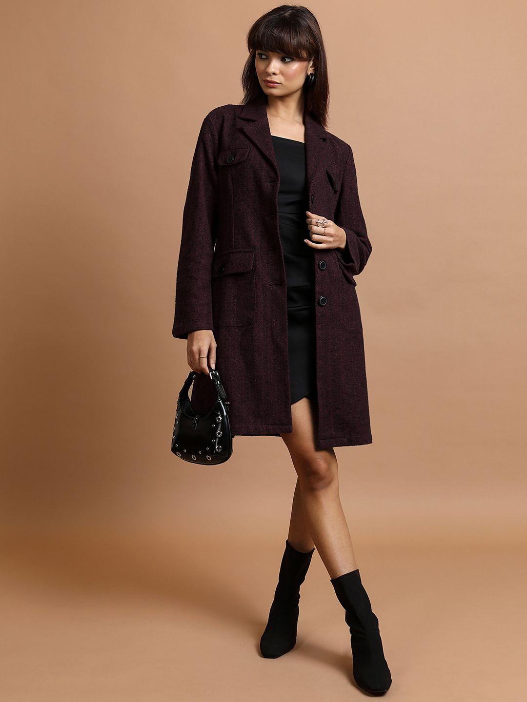 tokyo talkies women maroon black longline open front jacket