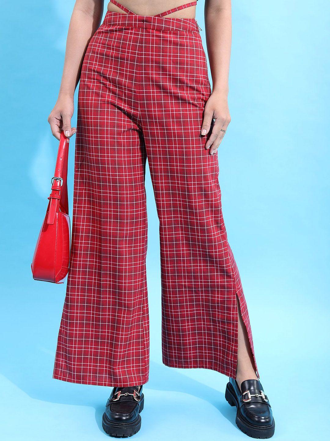 tokyo talkies women maroon checked flared trousers