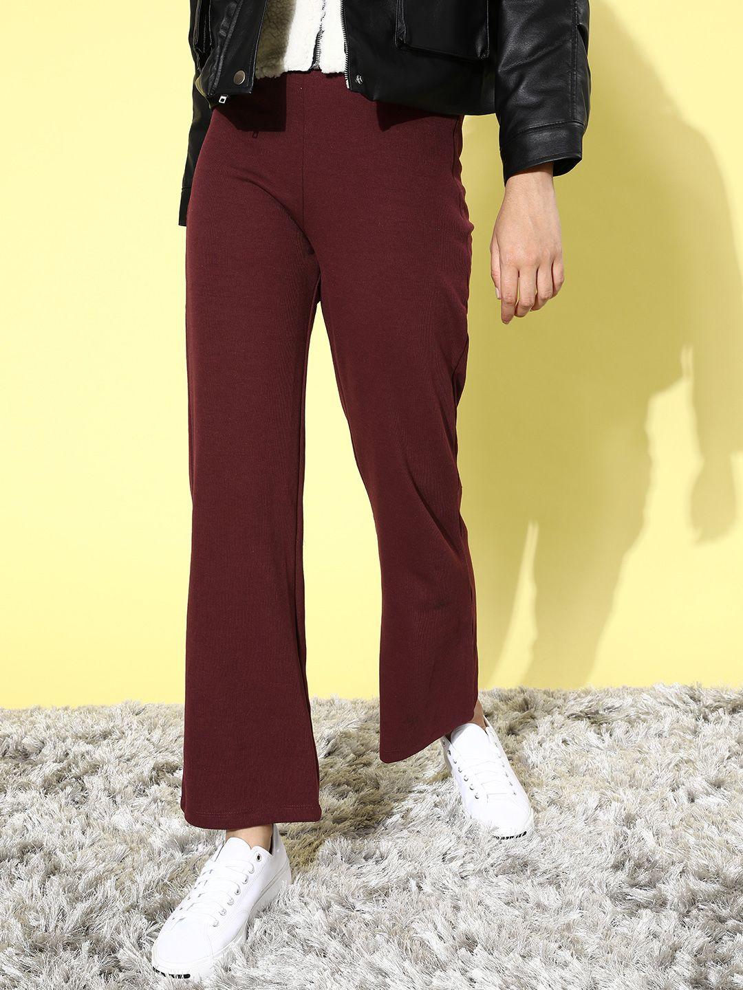 tokyo talkies women maroon flared high-rise trousers