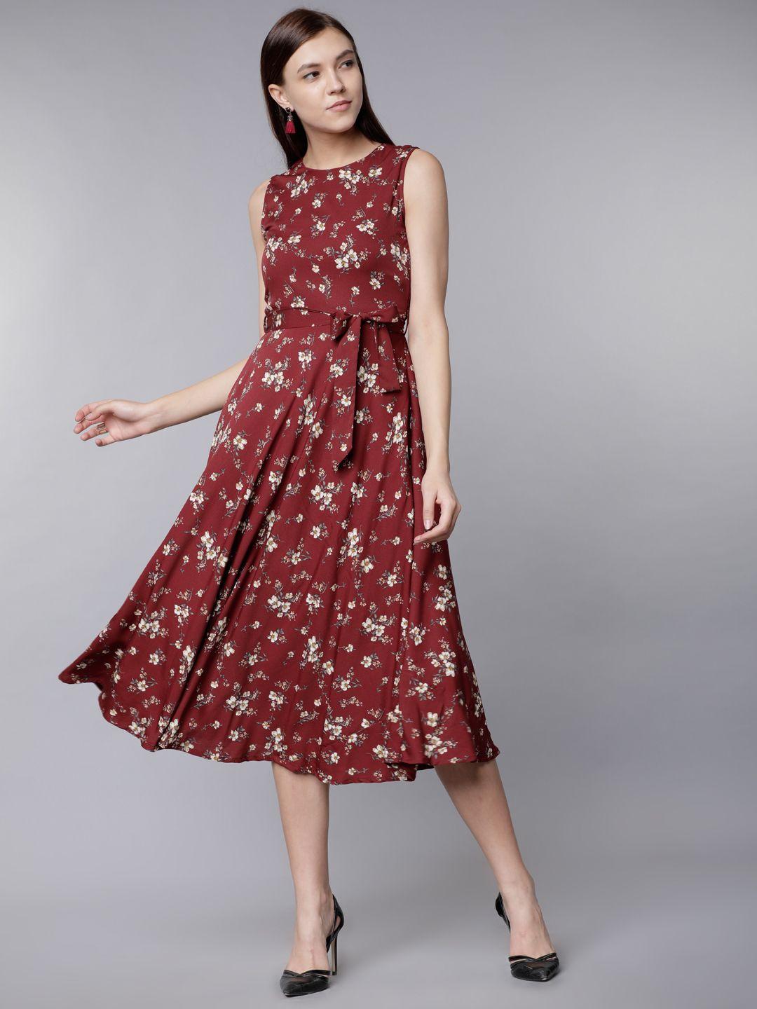 tokyo talkies women maroon floral print fit and flare dress