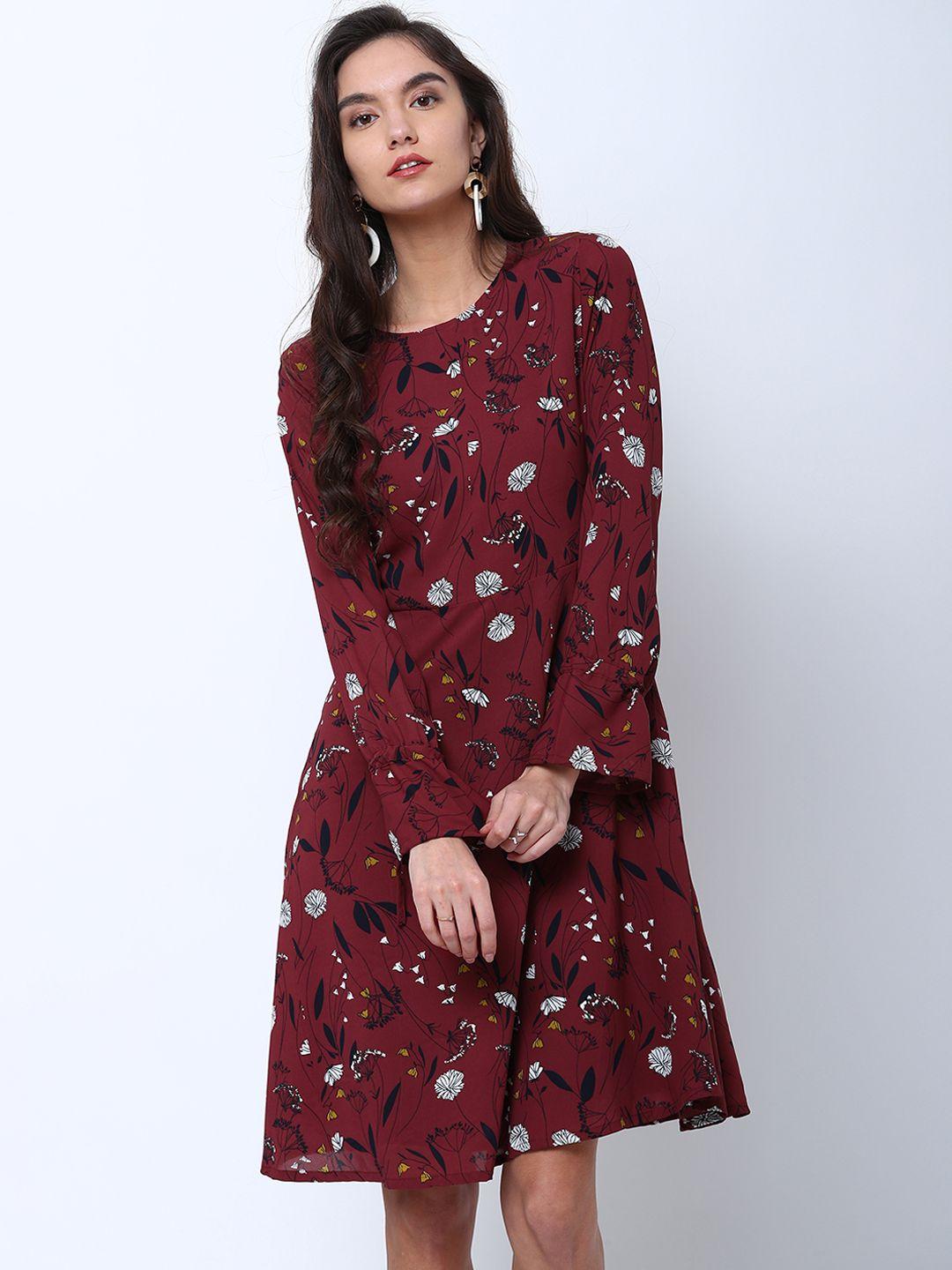 tokyo talkies women maroon printed a-line dress