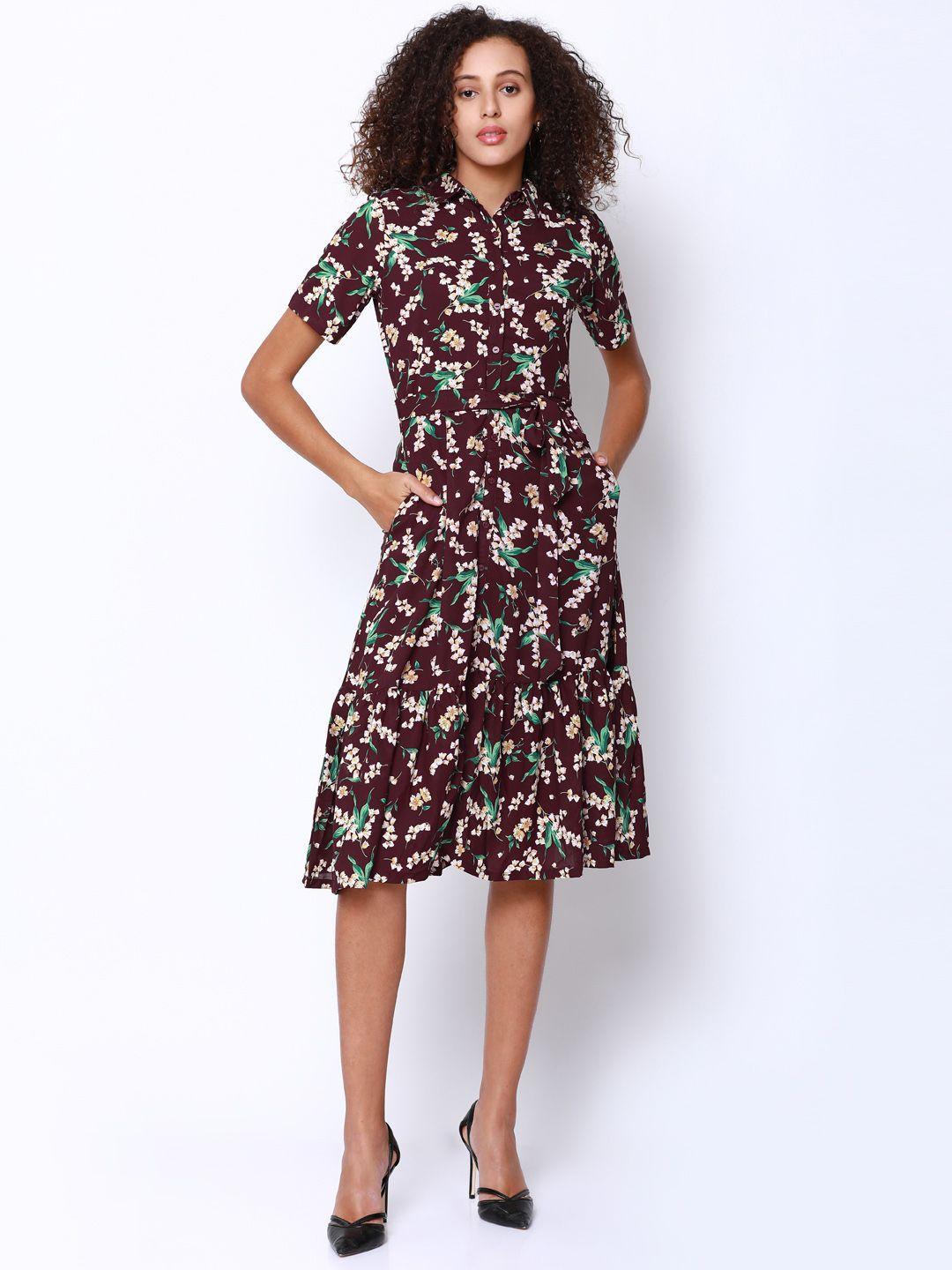 tokyo talkies women maroon printed shirt dress