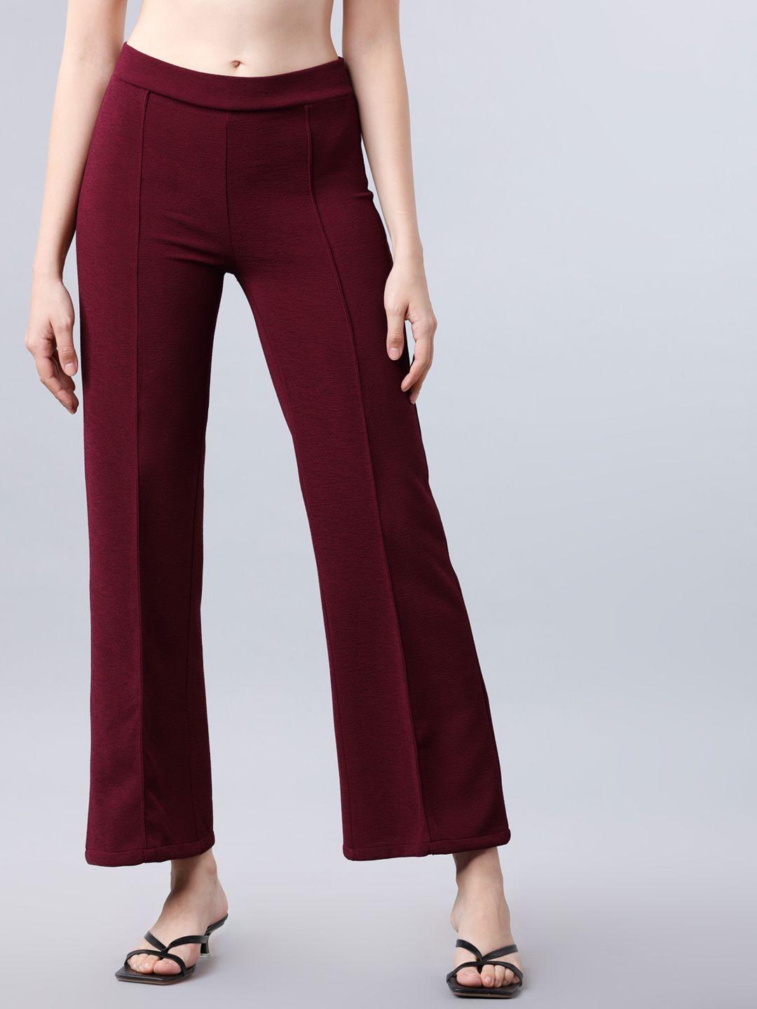 tokyo talkies women maroon regular fit solid parallel trousers