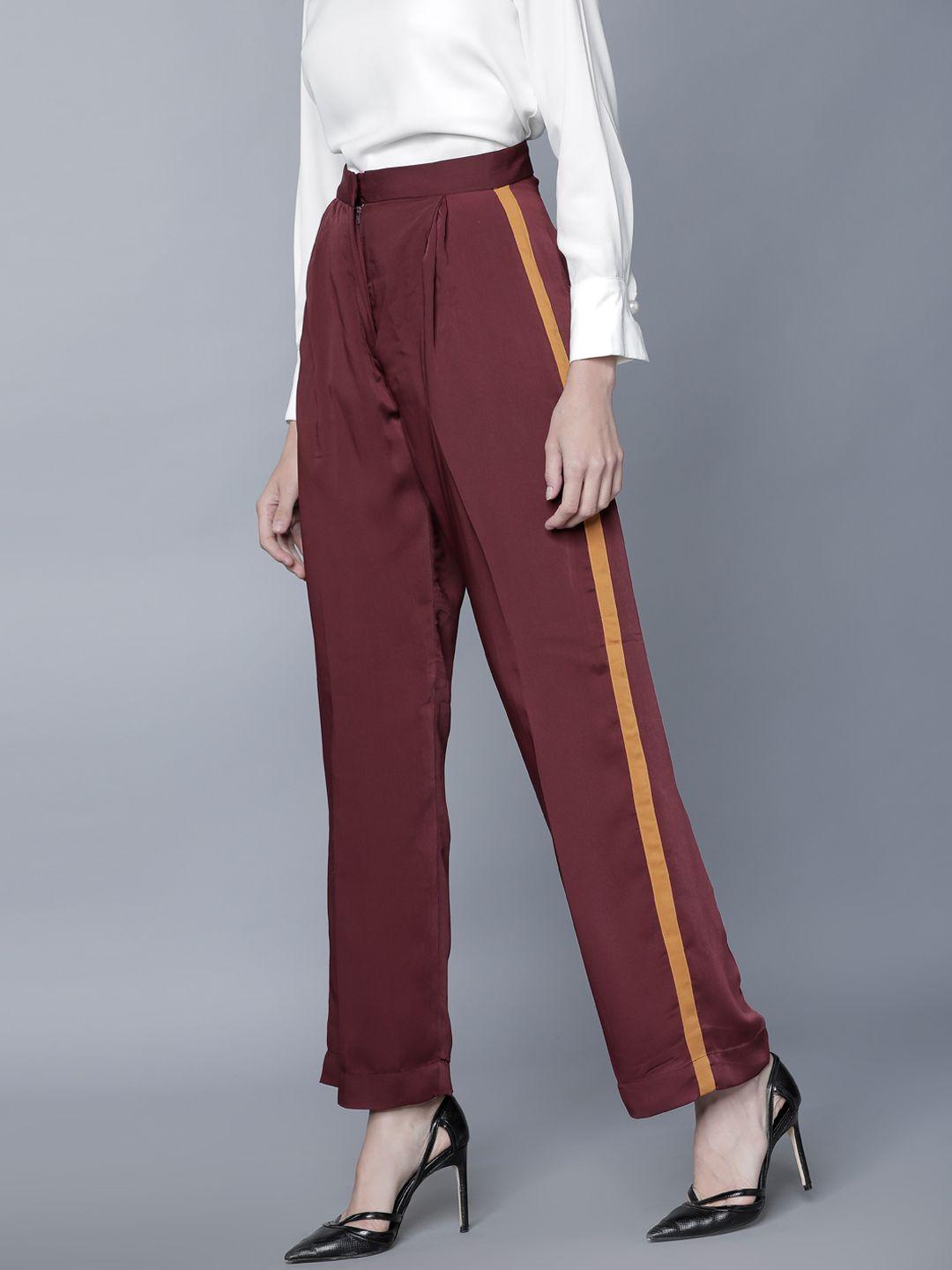 tokyo talkies women maroon regular fit solid regular trousers