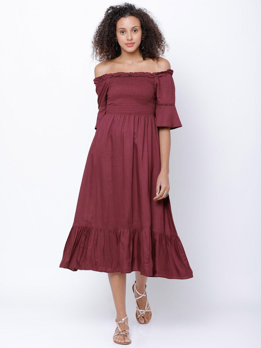 tokyo talkies women maroon solid fit and flare dress