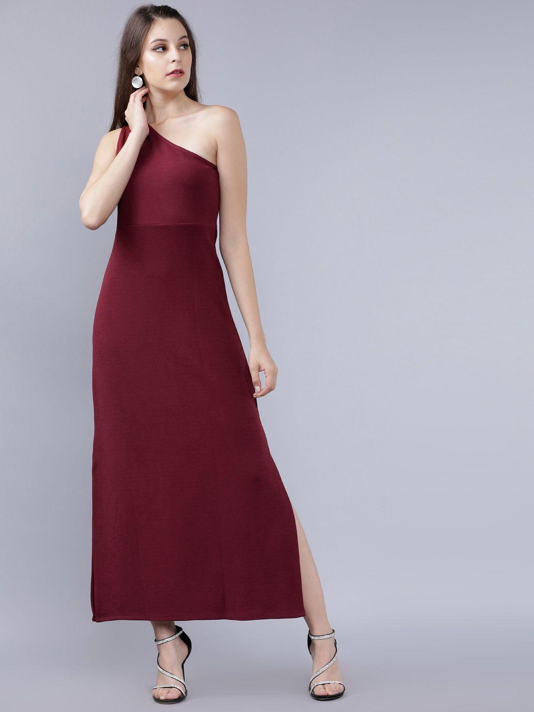 tokyo talkies women maroon solid maxi dress