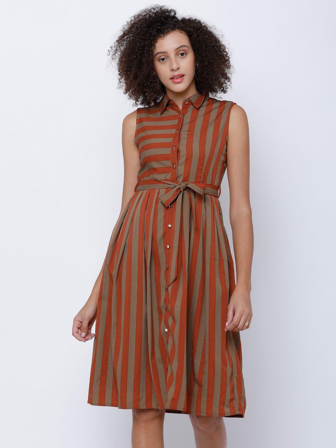 tokyo talkies women maroon striped fit and flare dress