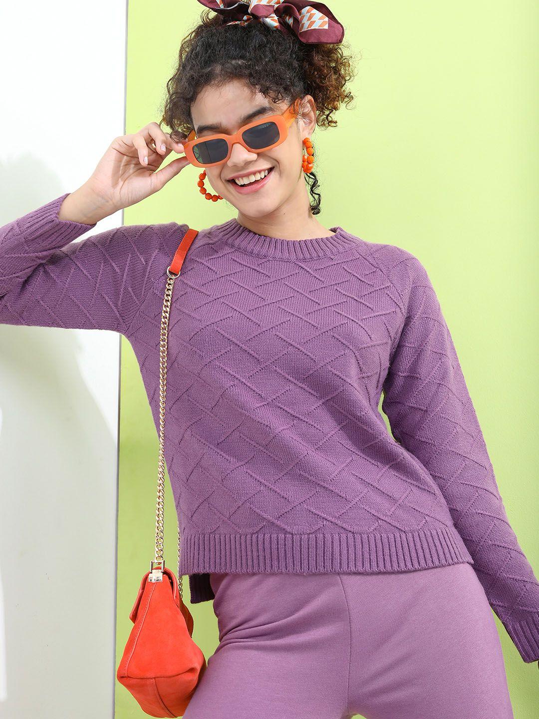 tokyo talkies women mauve self design acrylic pullover