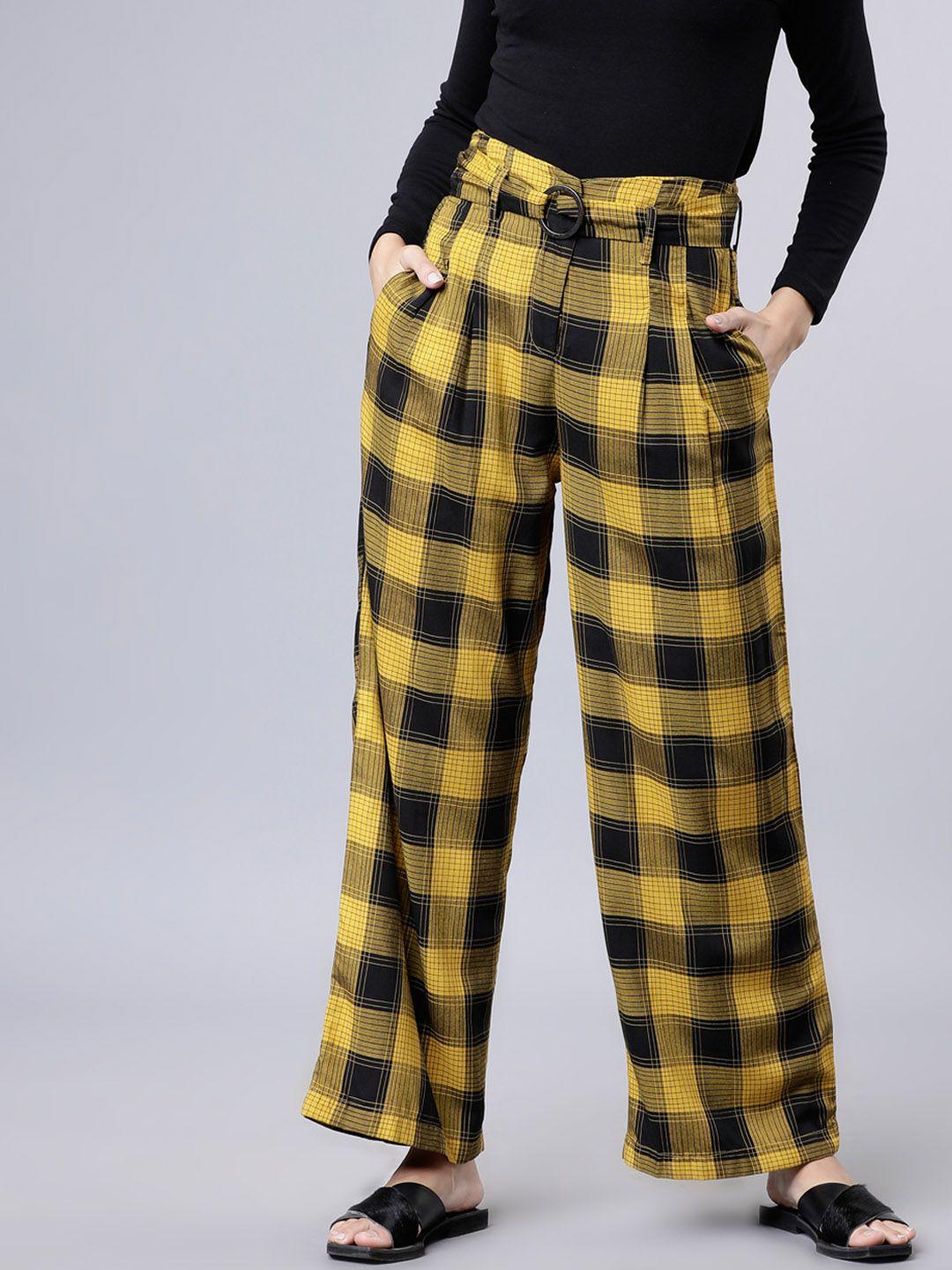 tokyo talkies women mustard & black regular fit checked parallel trousers
