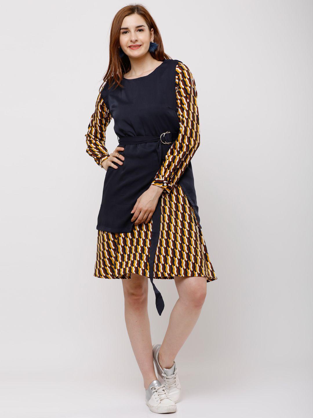 tokyo talkies women mustard & navy blue printed fit and flare dress