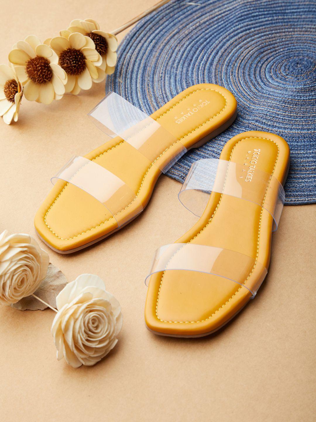 tokyo talkies women mustard & transparent open toe flats