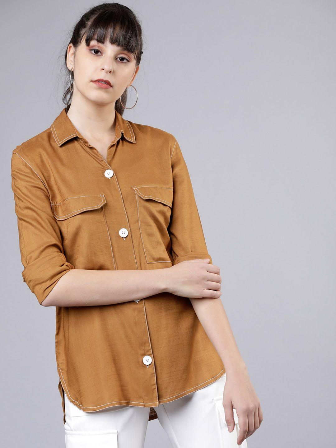 tokyo talkies women mustard brown regular fit solid casual shirt