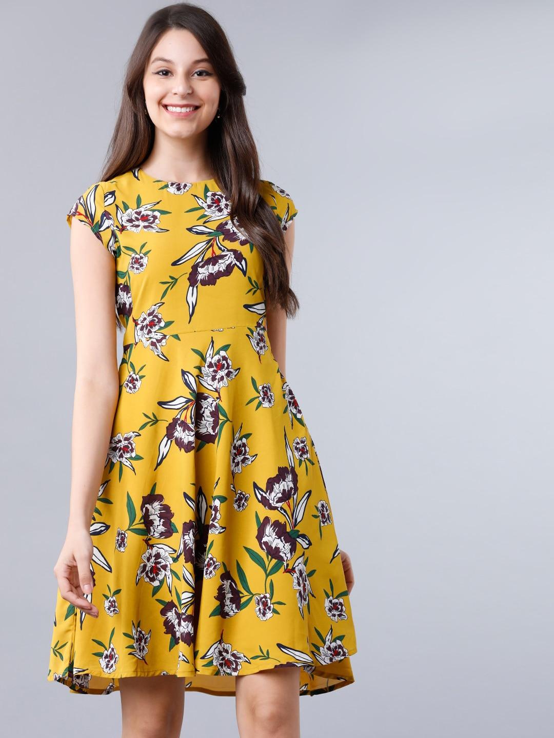 tokyo talkies women mustard printed fit and flare dress