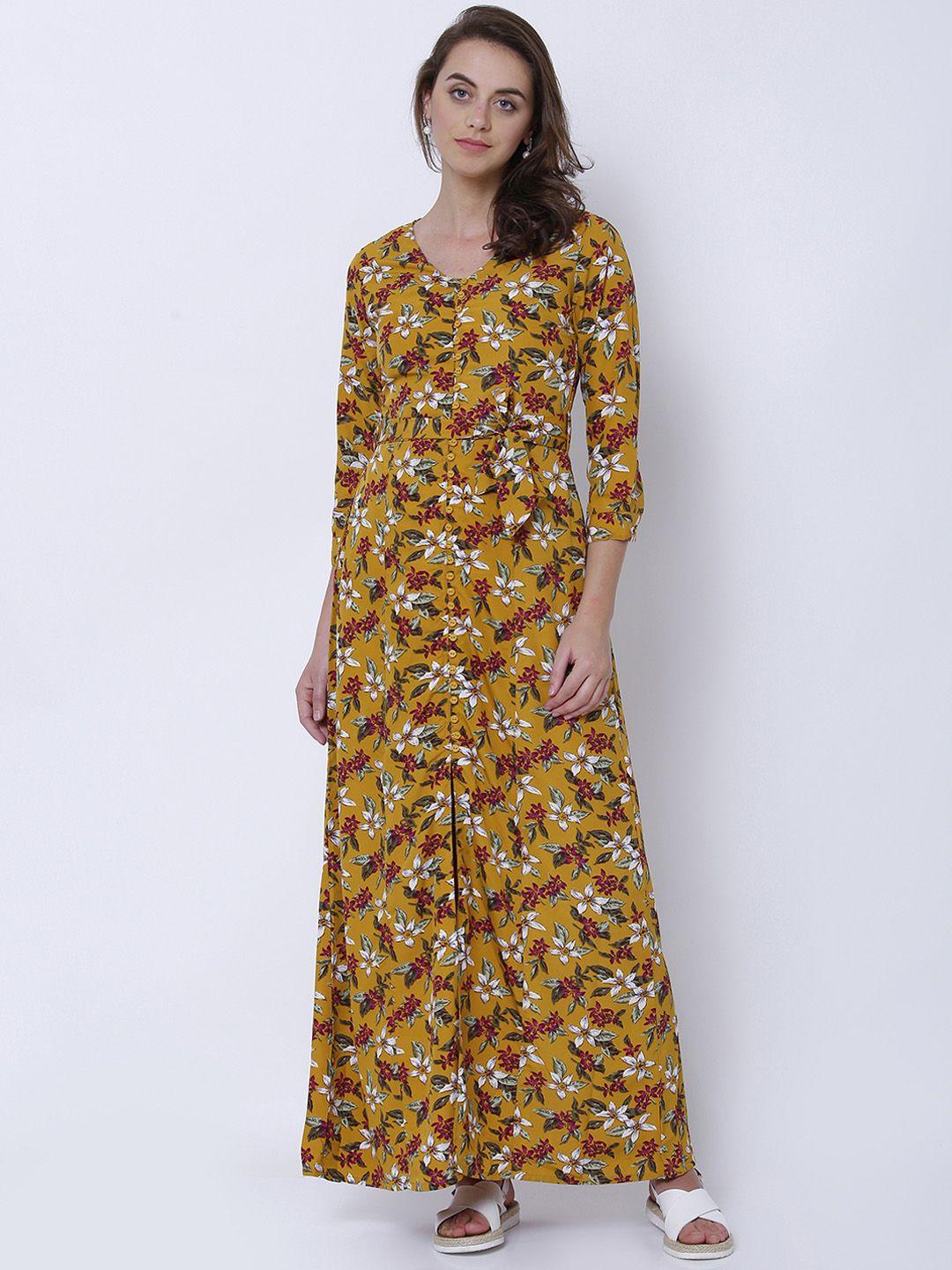 tokyo talkies women mustard printed maxi dress