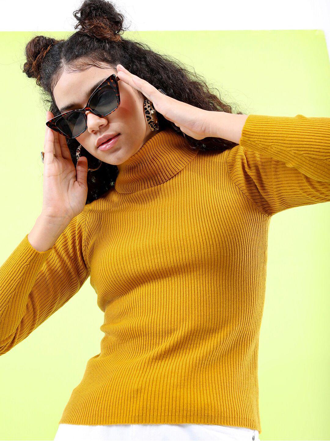 tokyo talkies women mustard ribbed acrylic pullover sweaters