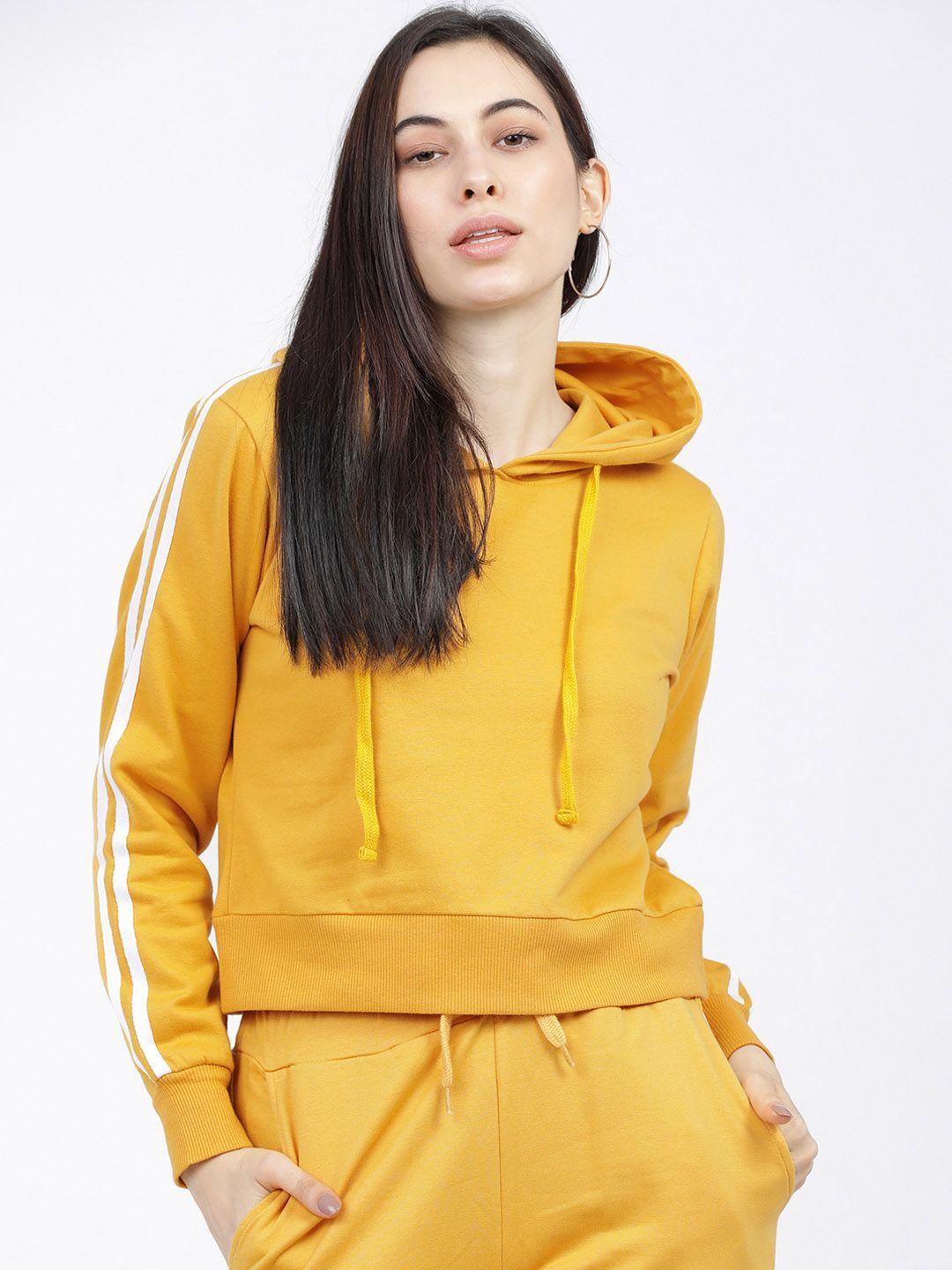 tokyo talkies women mustard solid hooded sweatshirt