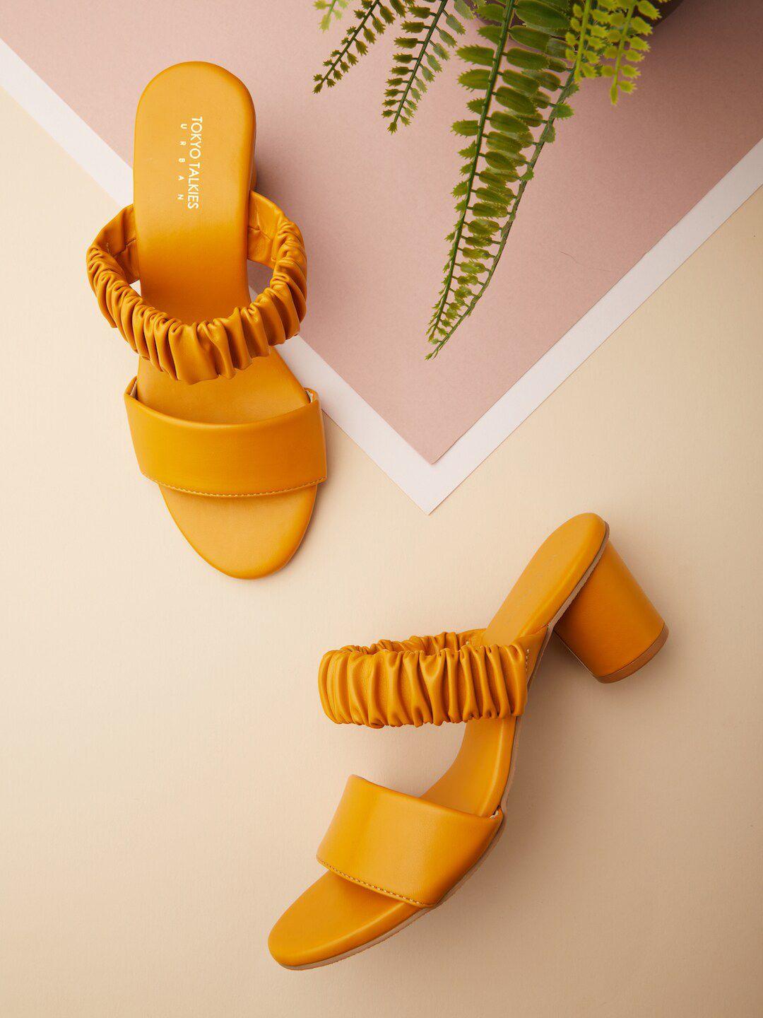 tokyo talkies women mustard striped block sandals