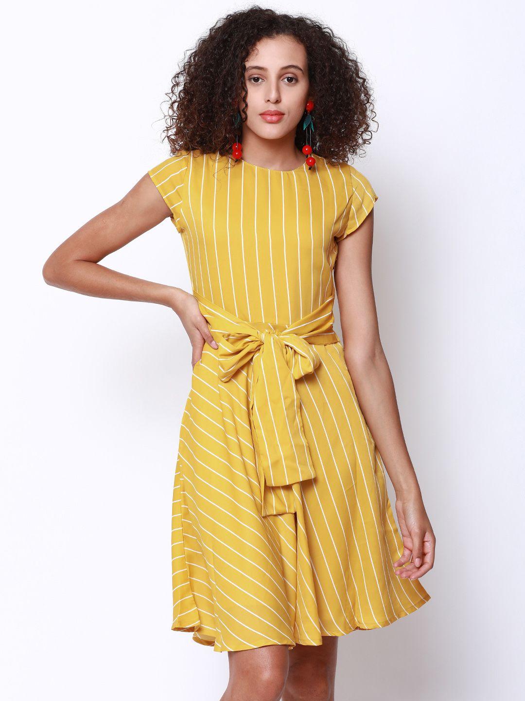 tokyo talkies women mustard striped fit and flare dress