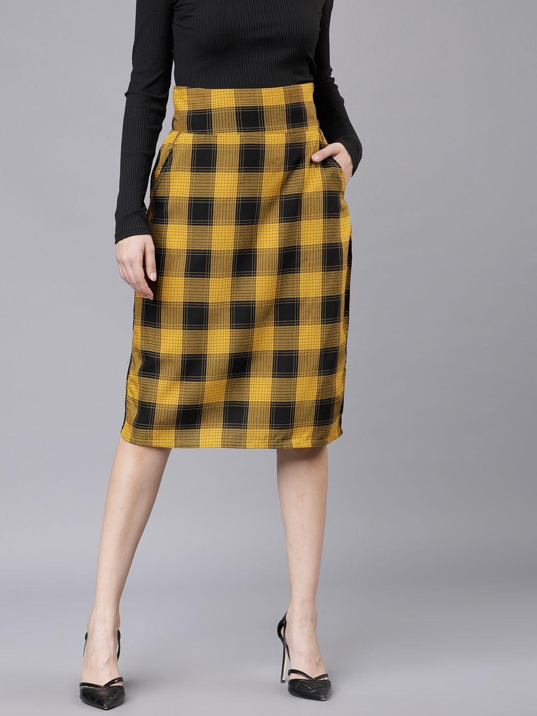 tokyo talkies women mustard yellow & black checked straight skirt