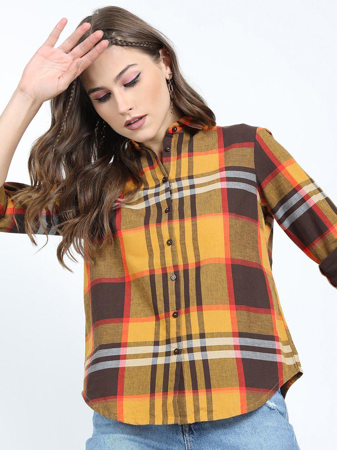 tokyo talkies women mustard yellow & brown tartan checked cotton casual shirt