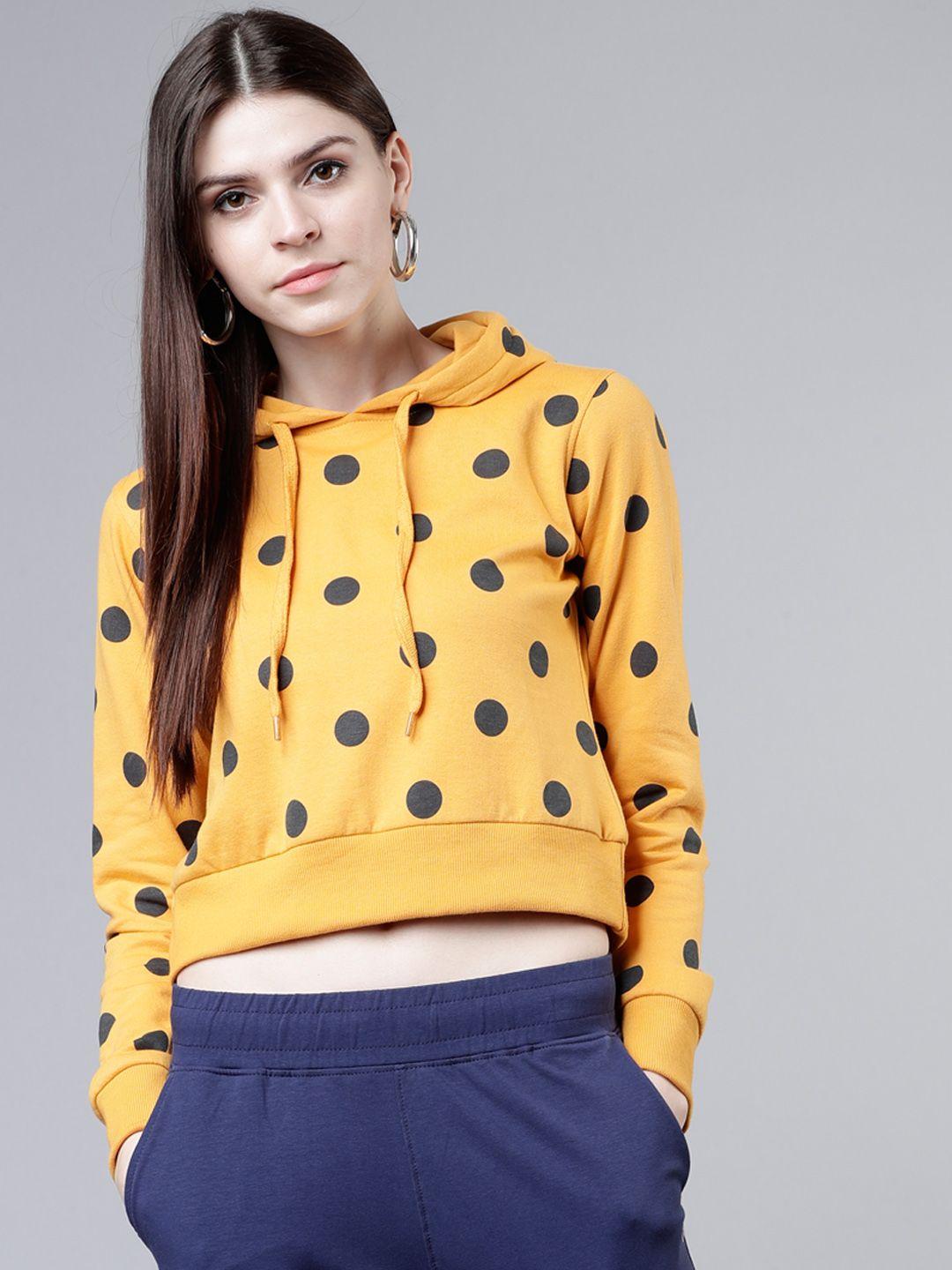 tokyo talkies women mustard yellow & navy blue solid hooded sweatshirt