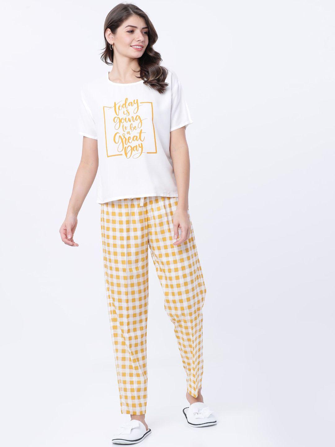 tokyo talkies women mustard yellow & white night suit