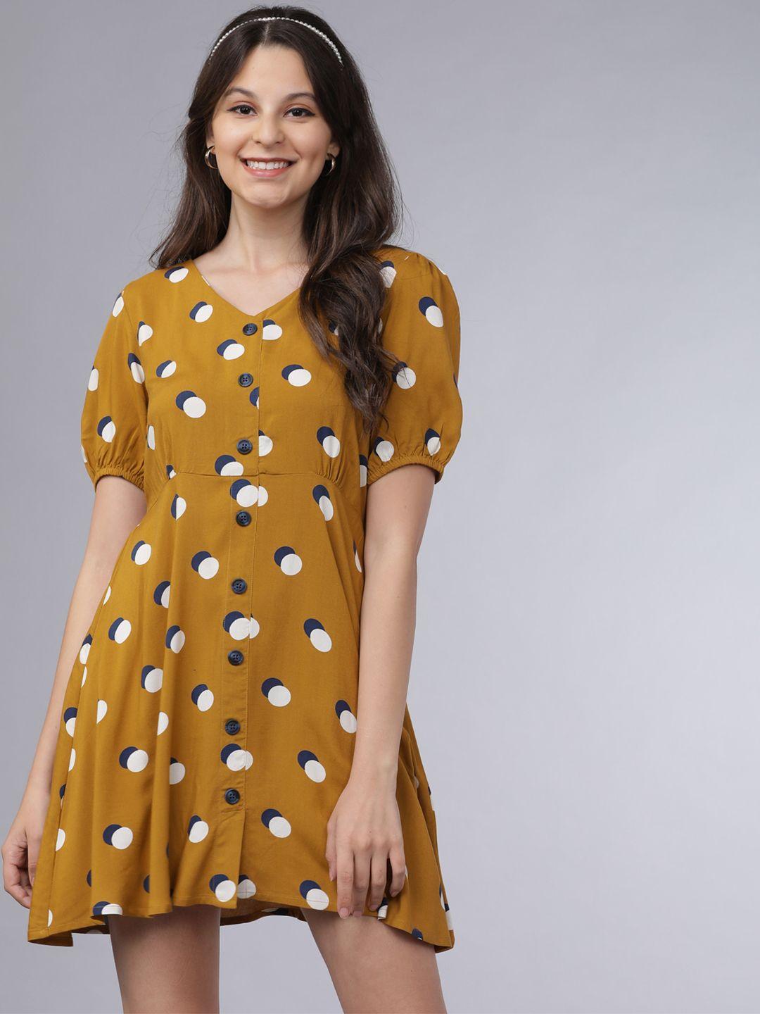 tokyo talkies women mustard yellow & white polka dots print a-line dress