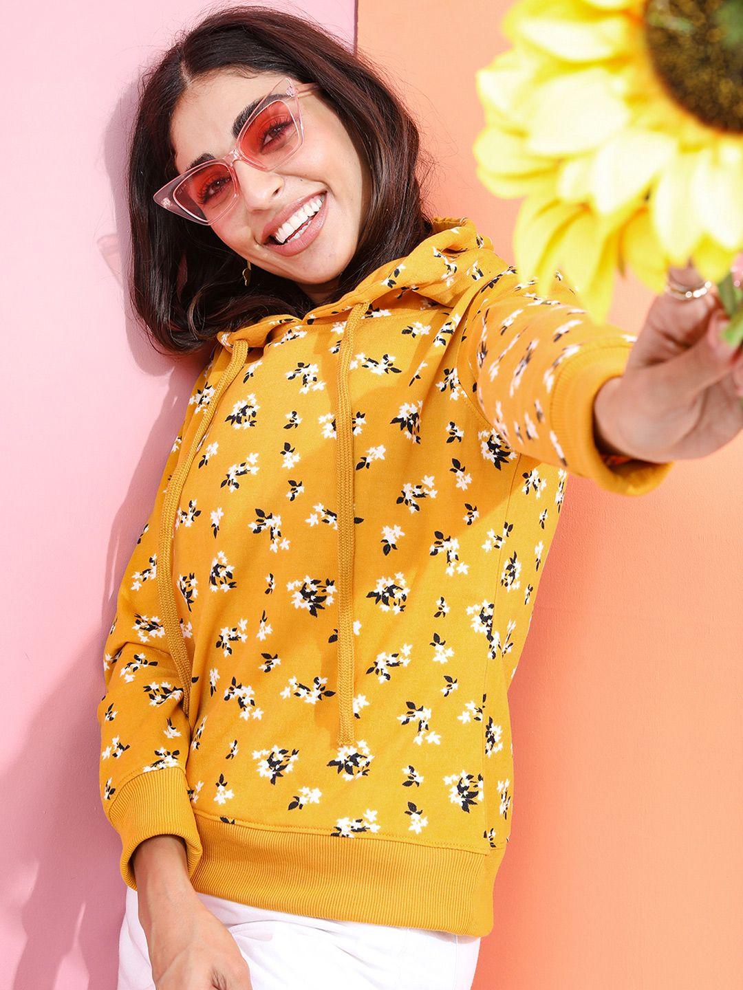 tokyo talkies women mustard yellow printed hooded sweatshirt