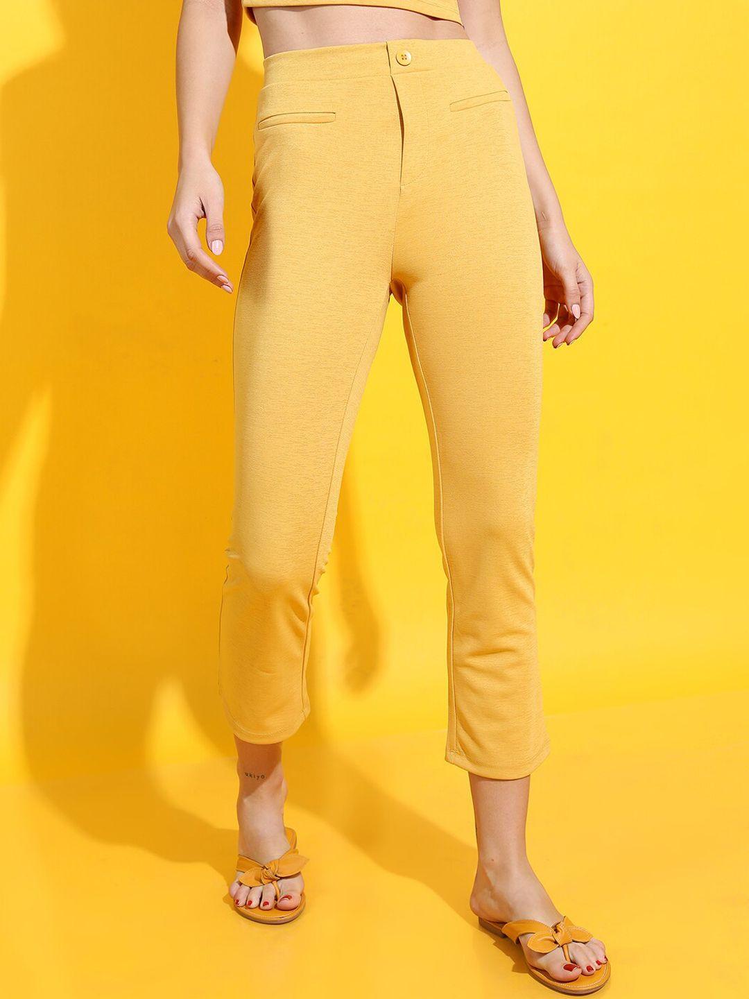 tokyo talkies women mustard yellow slim fit trousers