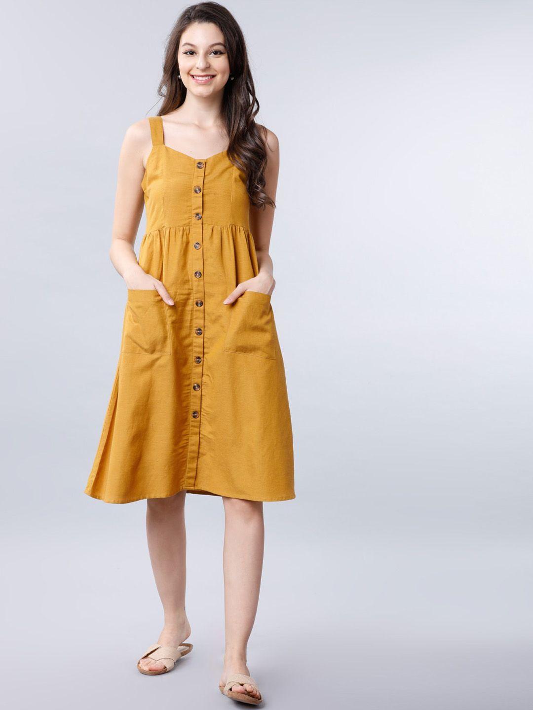 tokyo talkies women mustard yellow solid fit & flare dress