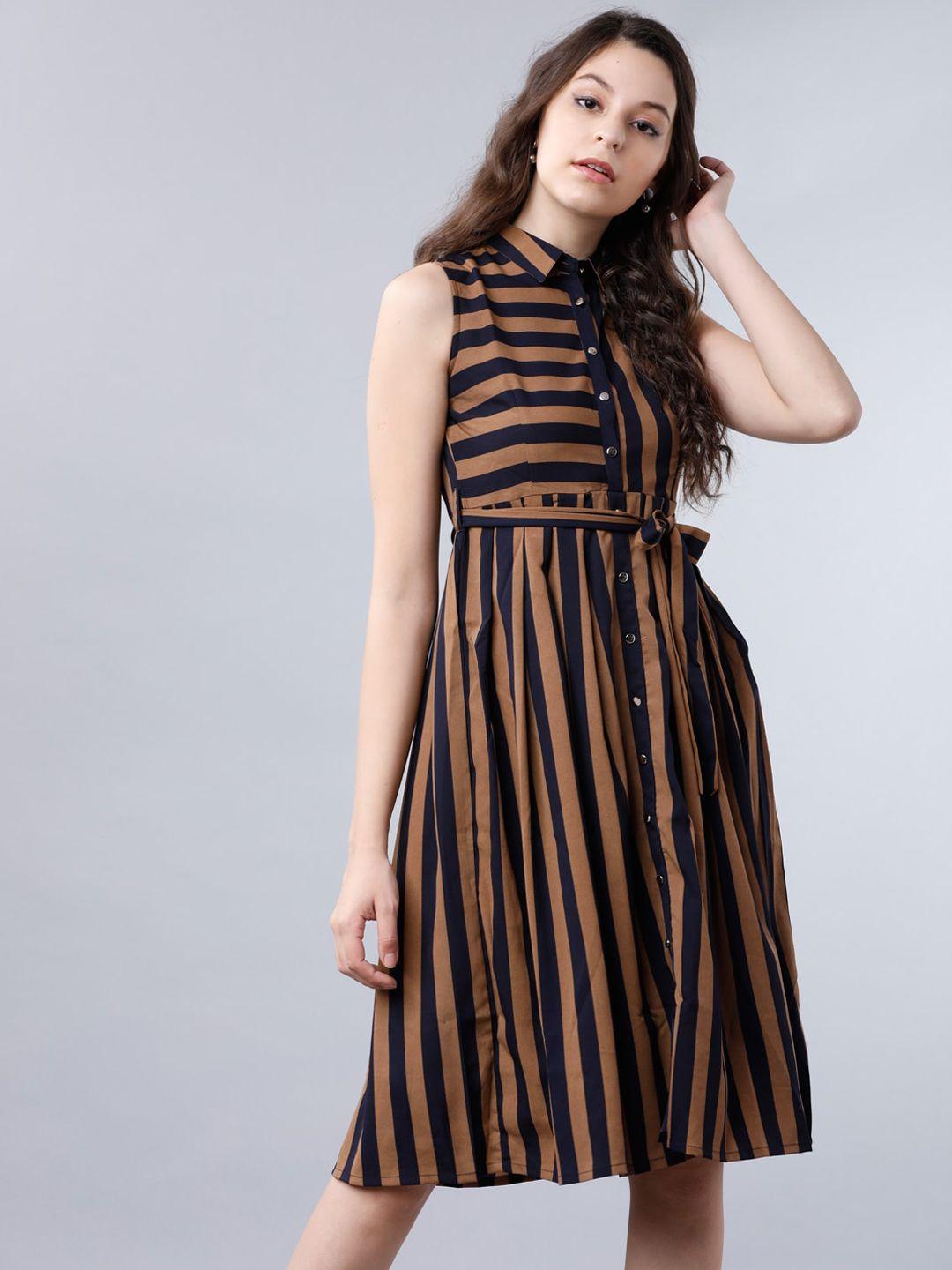 tokyo talkies women navy blue & brown striped shirt dress