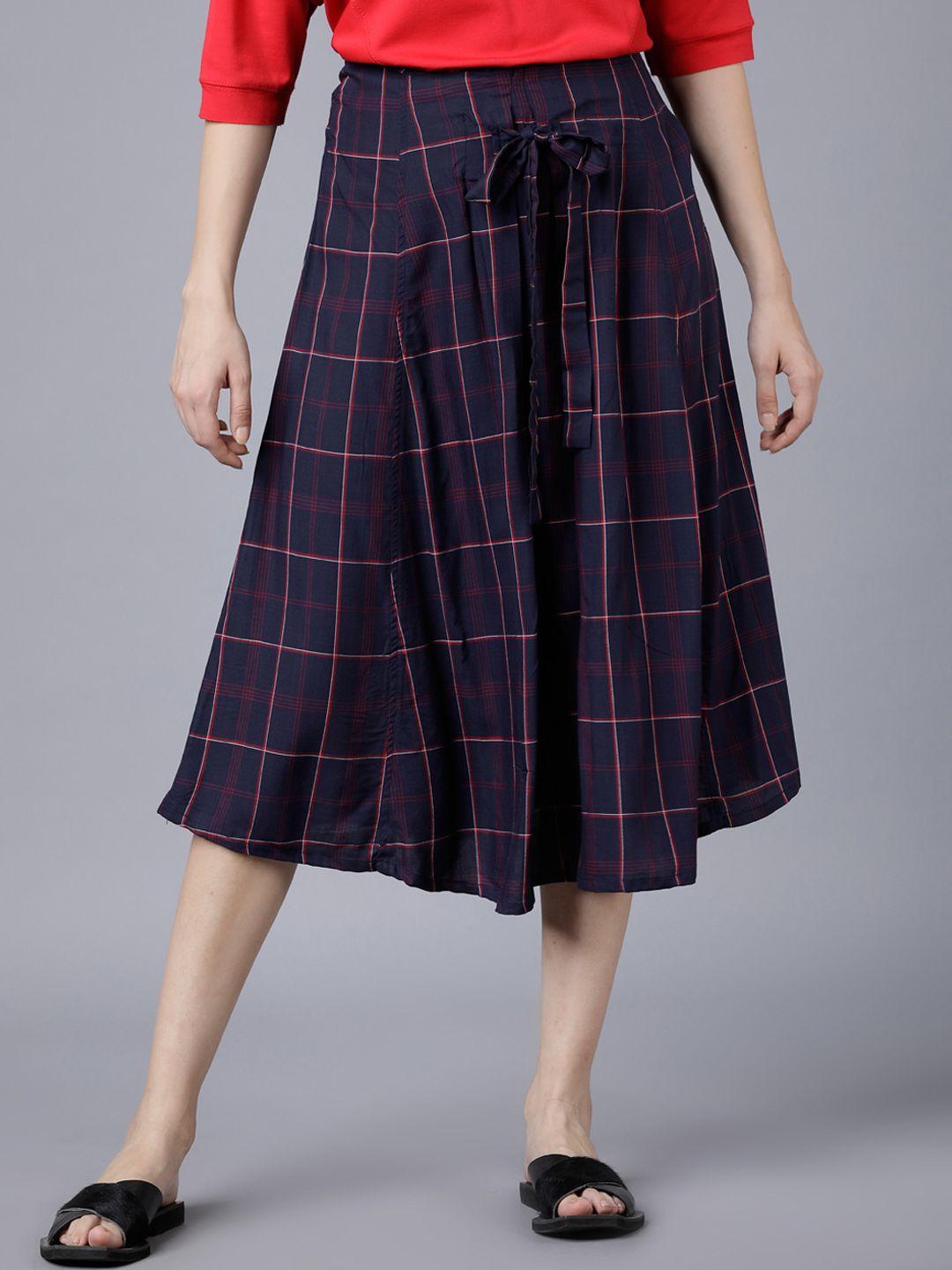 tokyo talkies women navy blue & pink checked a-line skirt