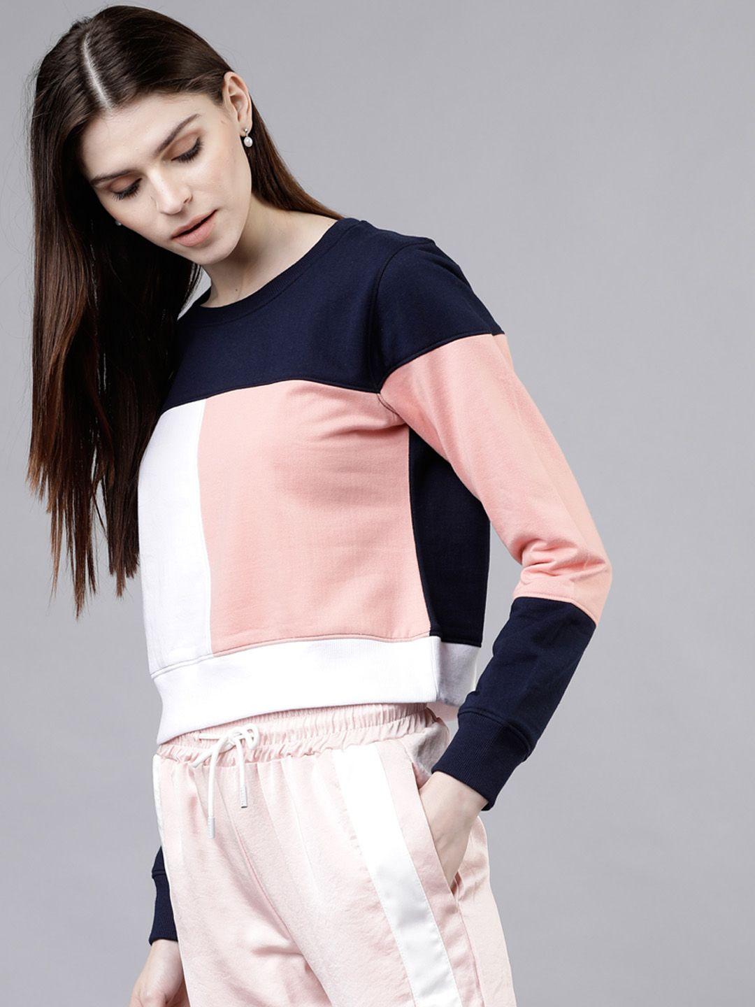 tokyo talkies women navy blue & pink colourblocked sweatshirt