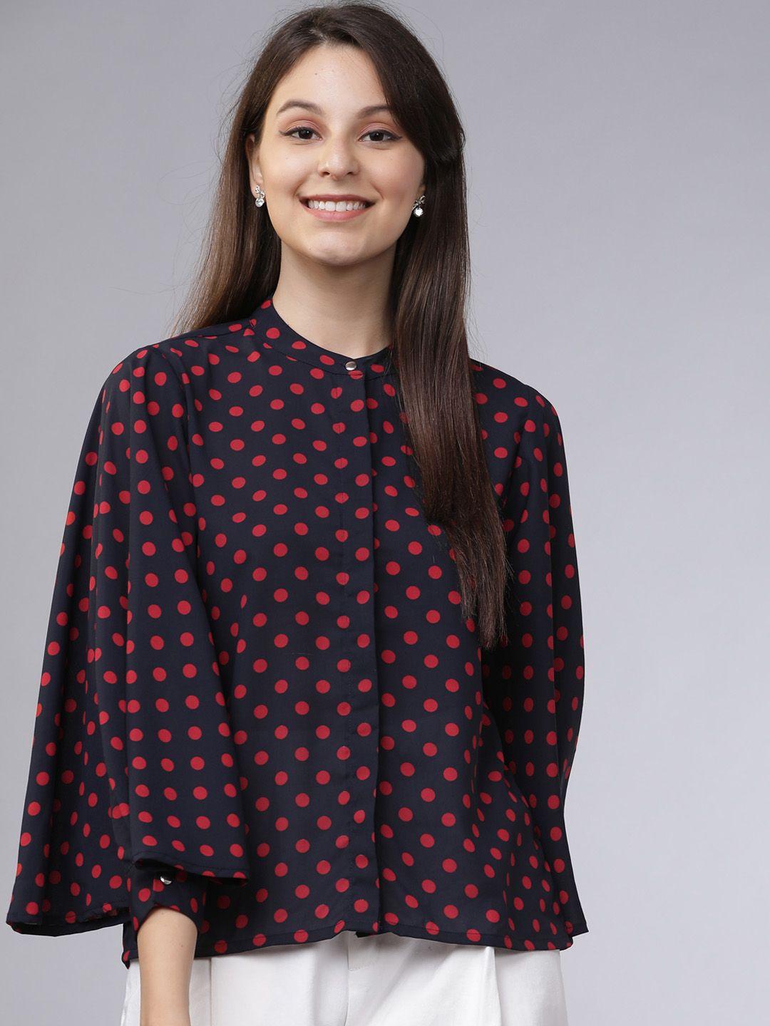 tokyo talkies women navy blue & red polka dot printed shirt style top