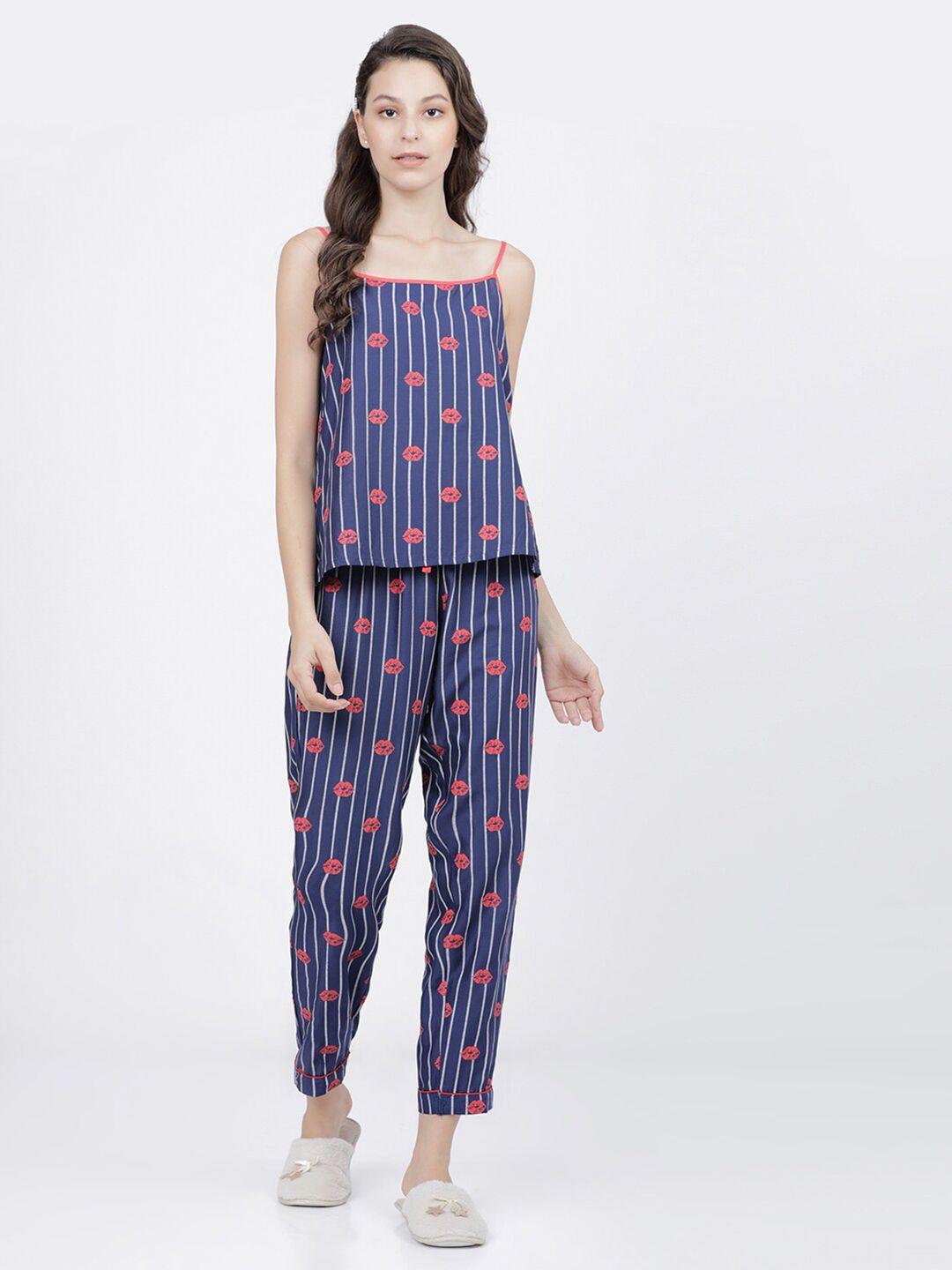 tokyo talkies women navy blue & red printed night suit