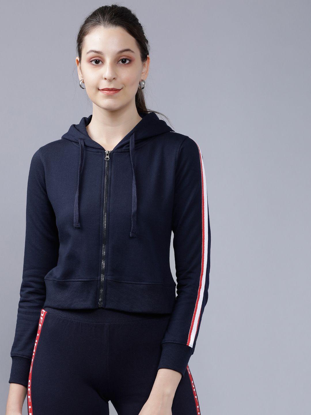 tokyo talkies women navy blue & red solid hooded sweatshirt