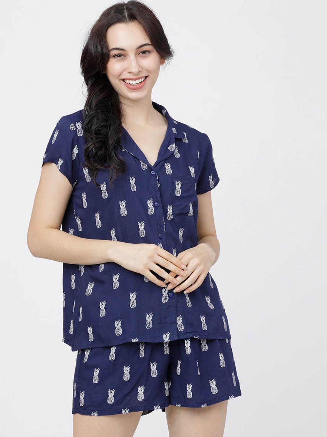 tokyo talkies women navy blue & white printed night suit