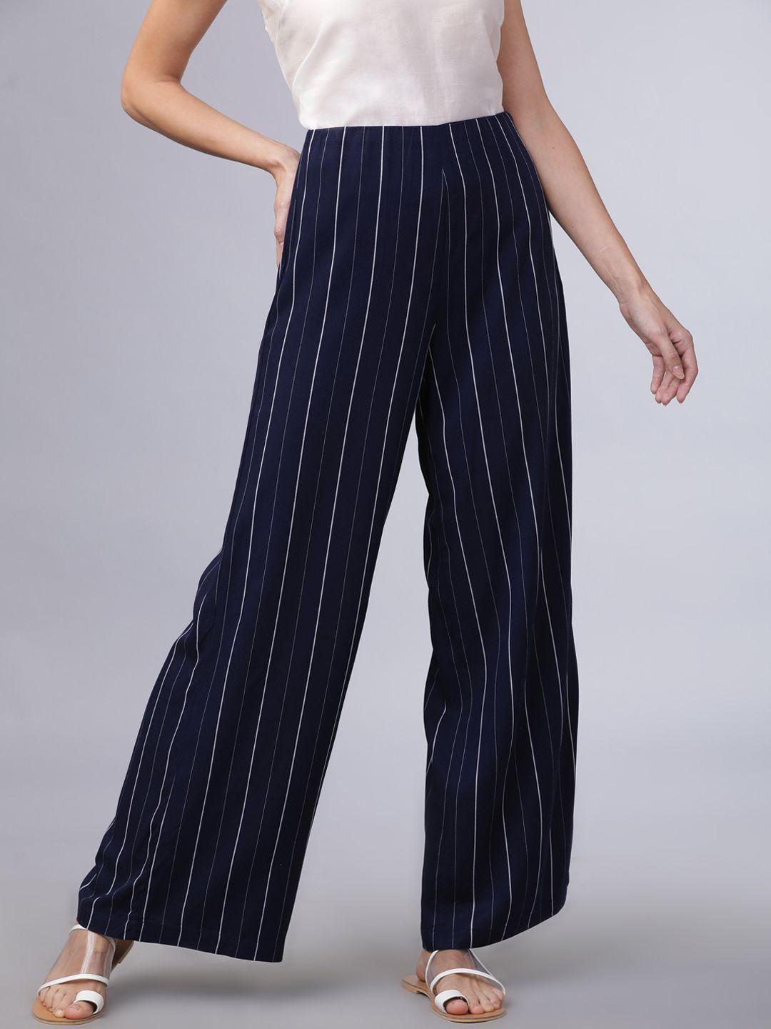 tokyo talkies women navy blue & white regular fit striped culottes