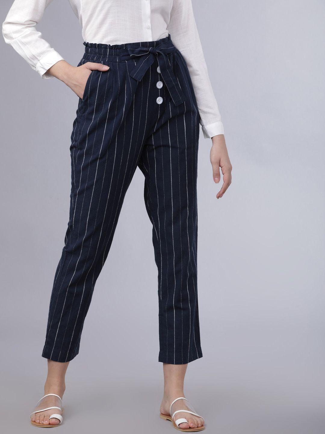 tokyo talkies women navy blue & white regular fit striped peg trousers
