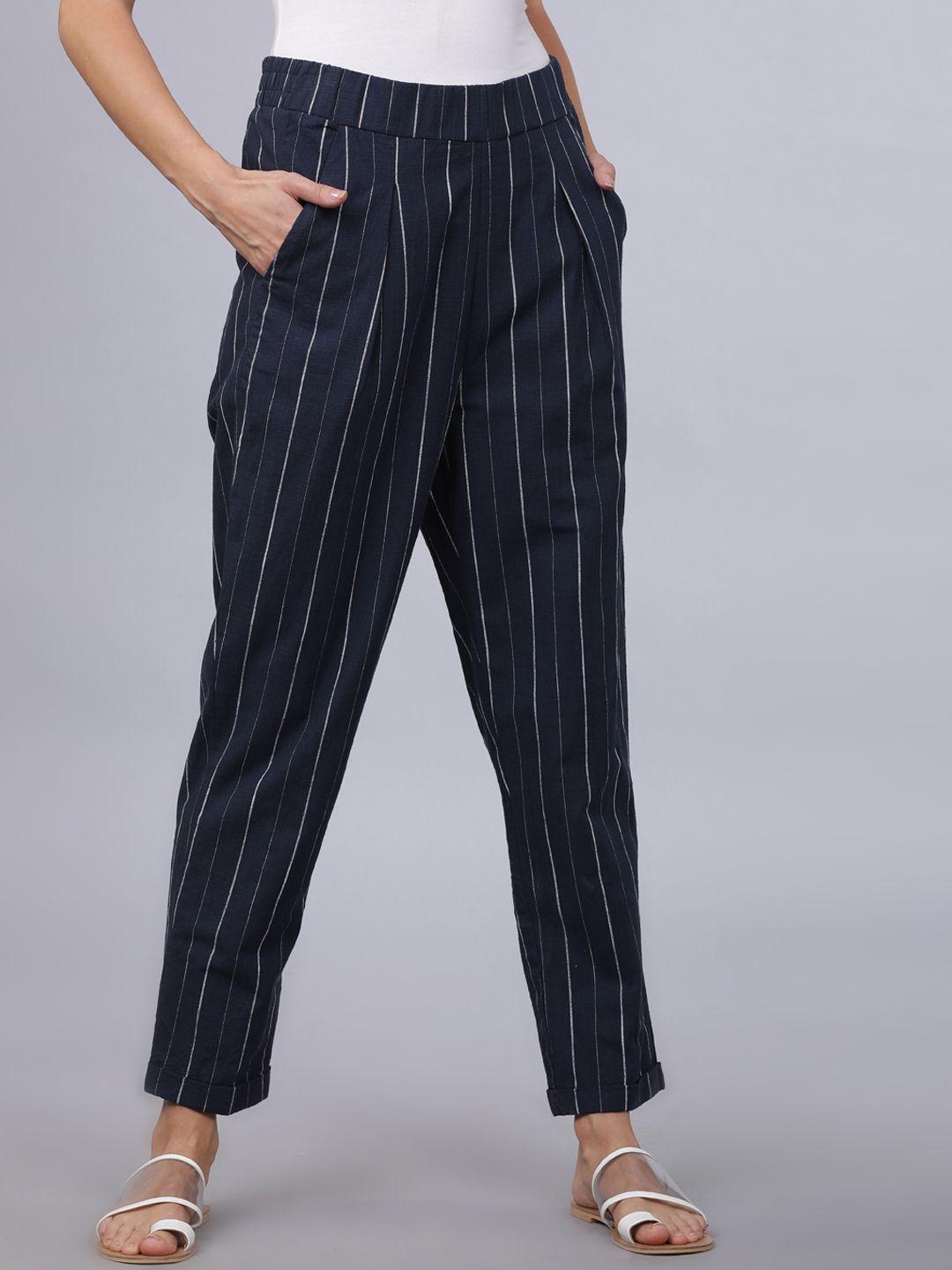 tokyo talkies women navy blue & white regular fit striped trousers