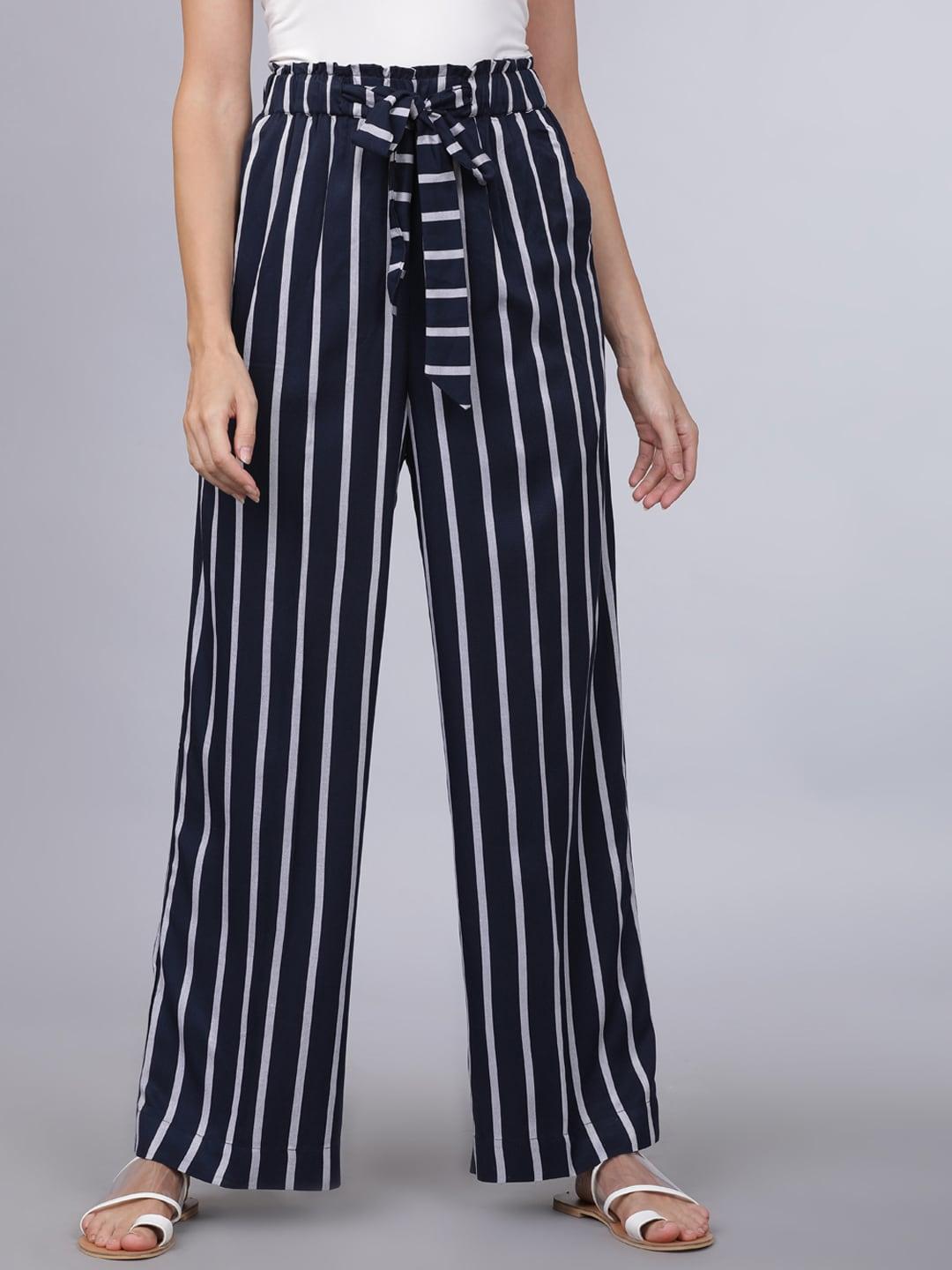tokyo talkies women navy blue & white striped parallel trousers
