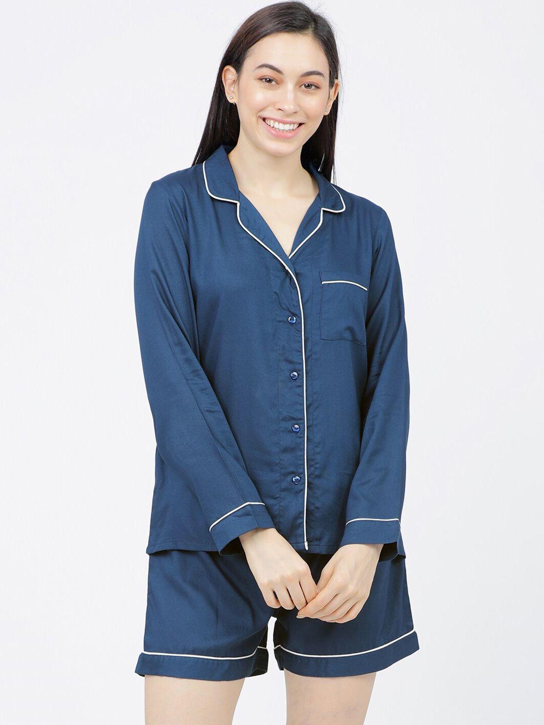 tokyo talkies women navy blue & white viscose rayon night suit