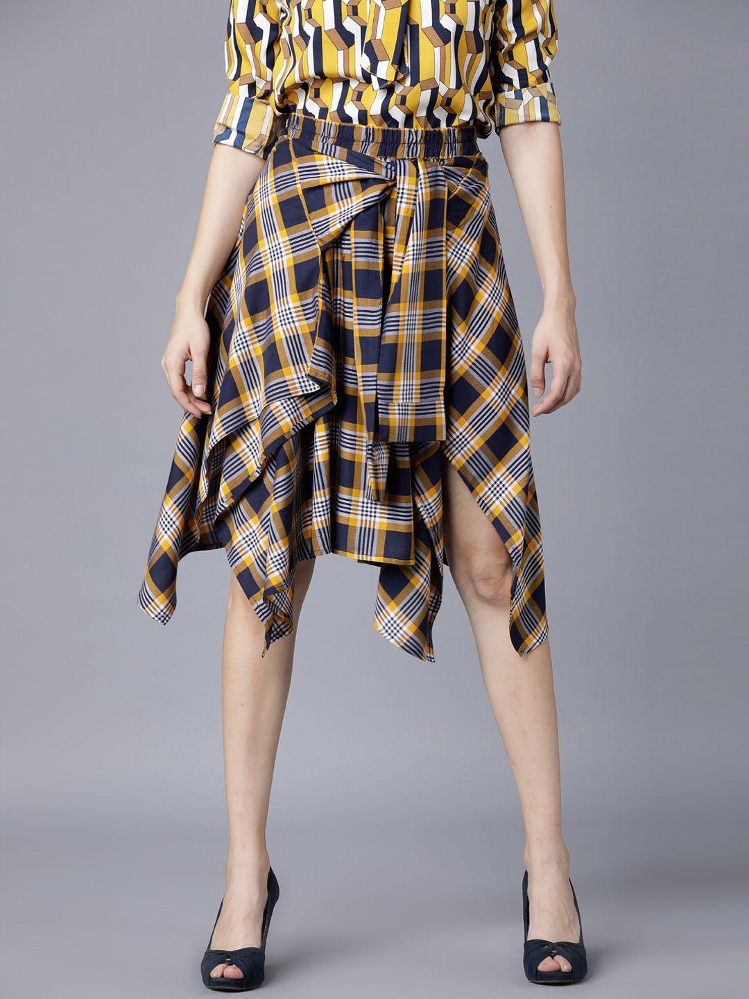 tokyo talkies women navy blue & yellow checked a-line skirt