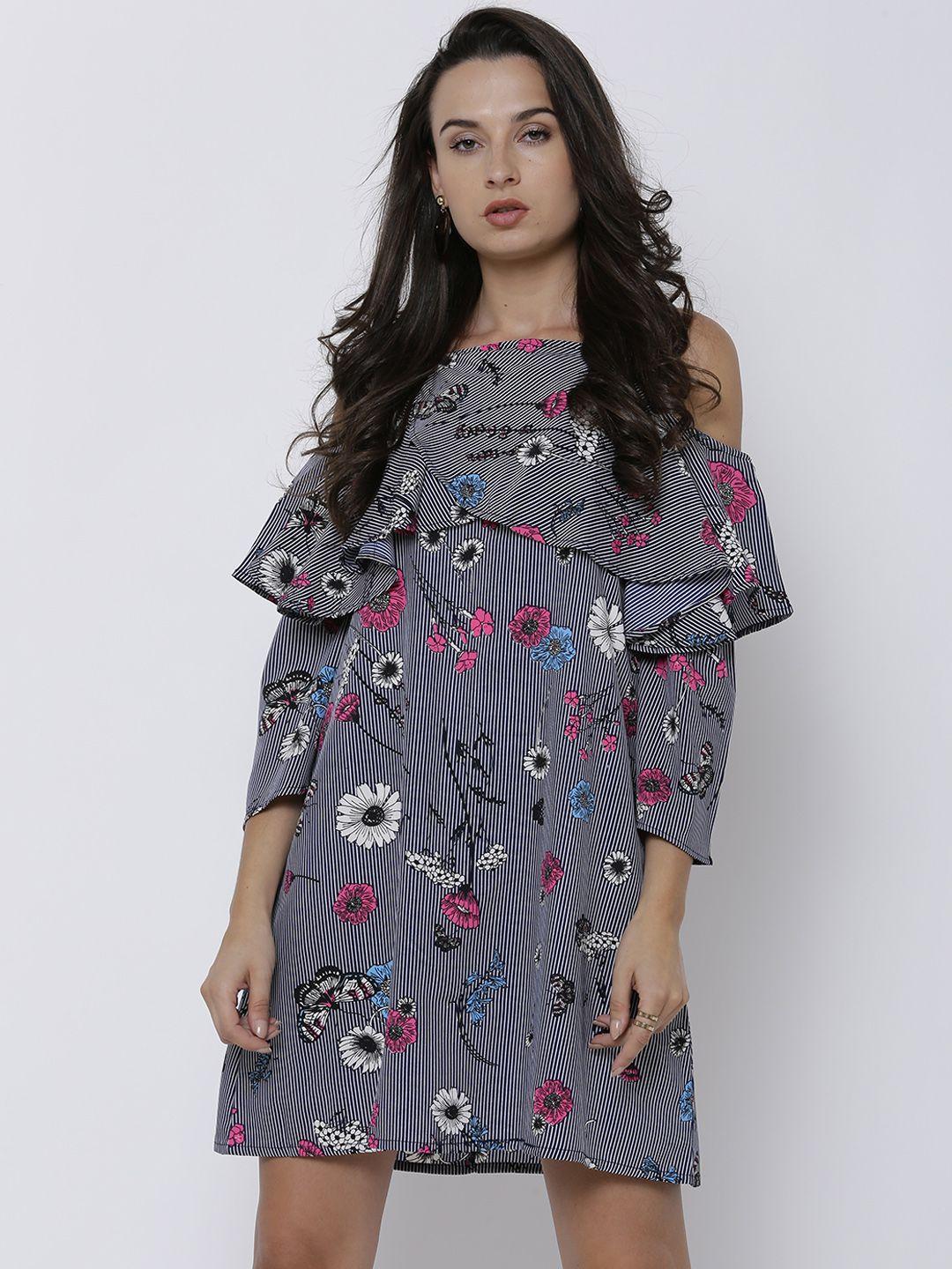 tokyo talkies women navy blue printed a-line dress