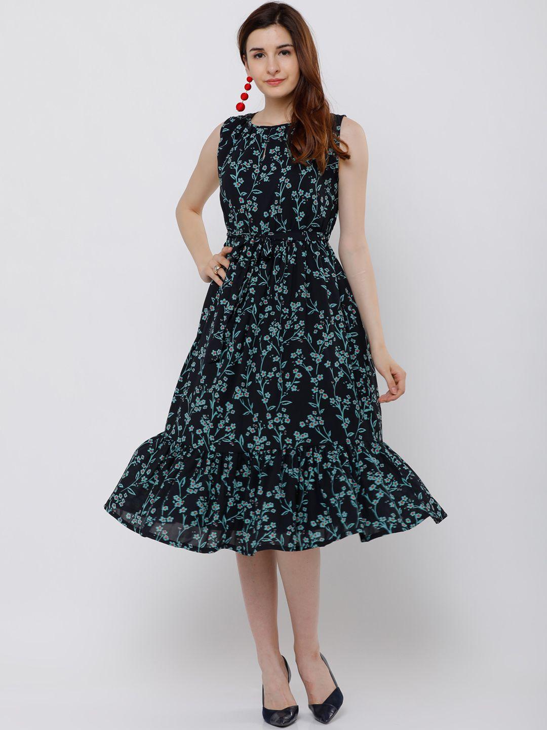 tokyo talkies women navy blue printed fit and flare dress