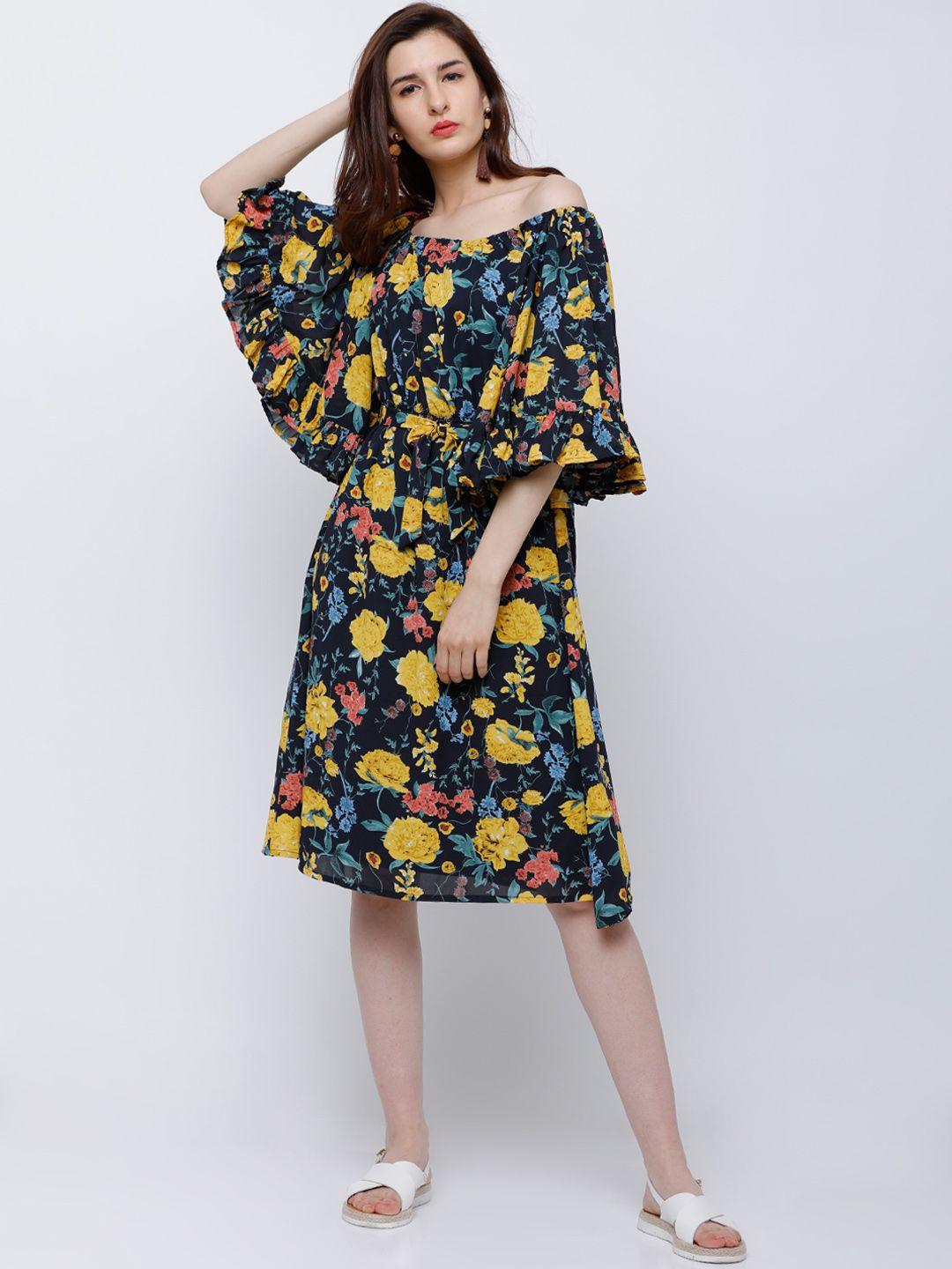 tokyo talkies women navy blue printed fit and flare dress