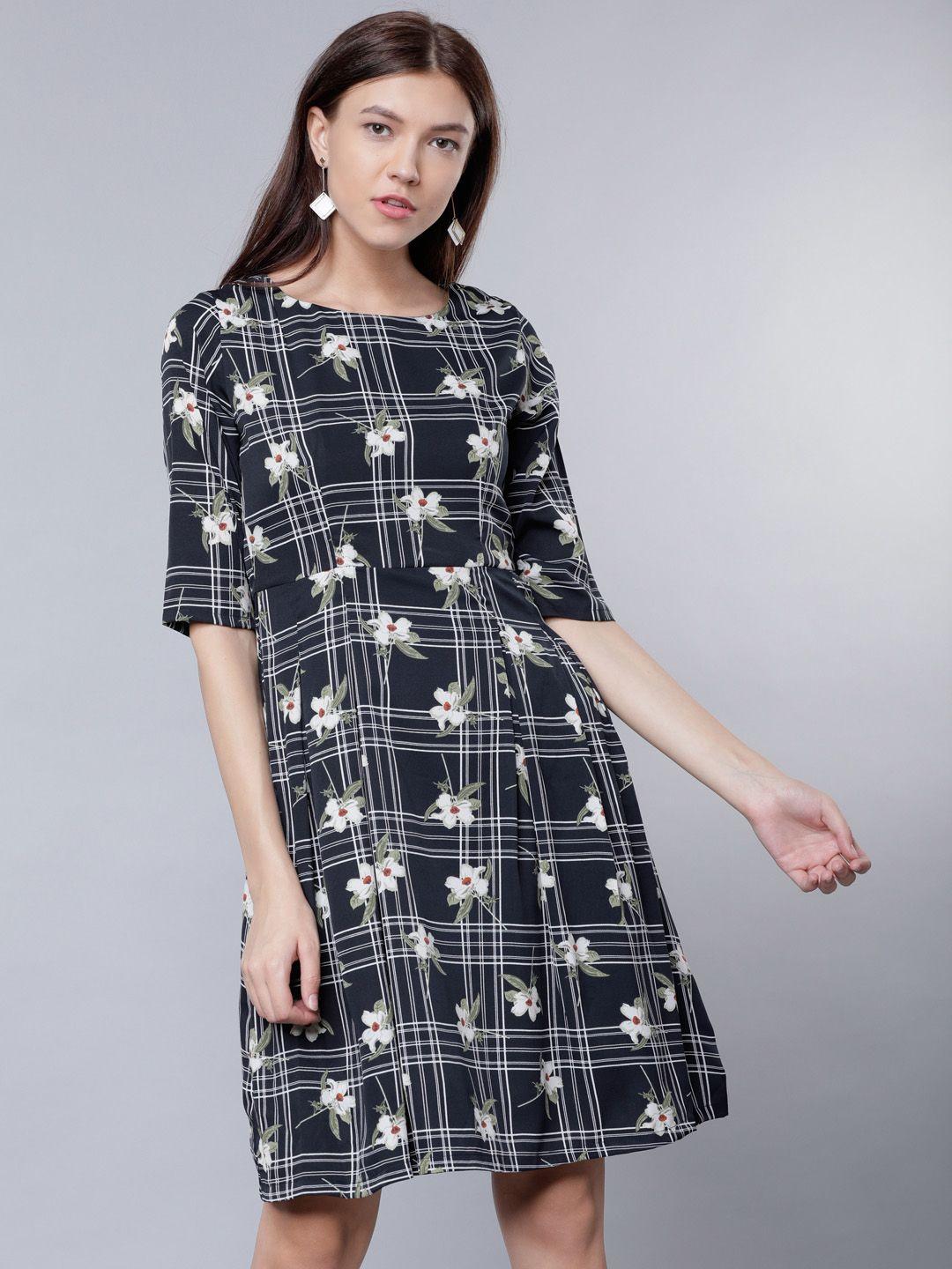 tokyo talkies women navy blue printed fit and flare dress
