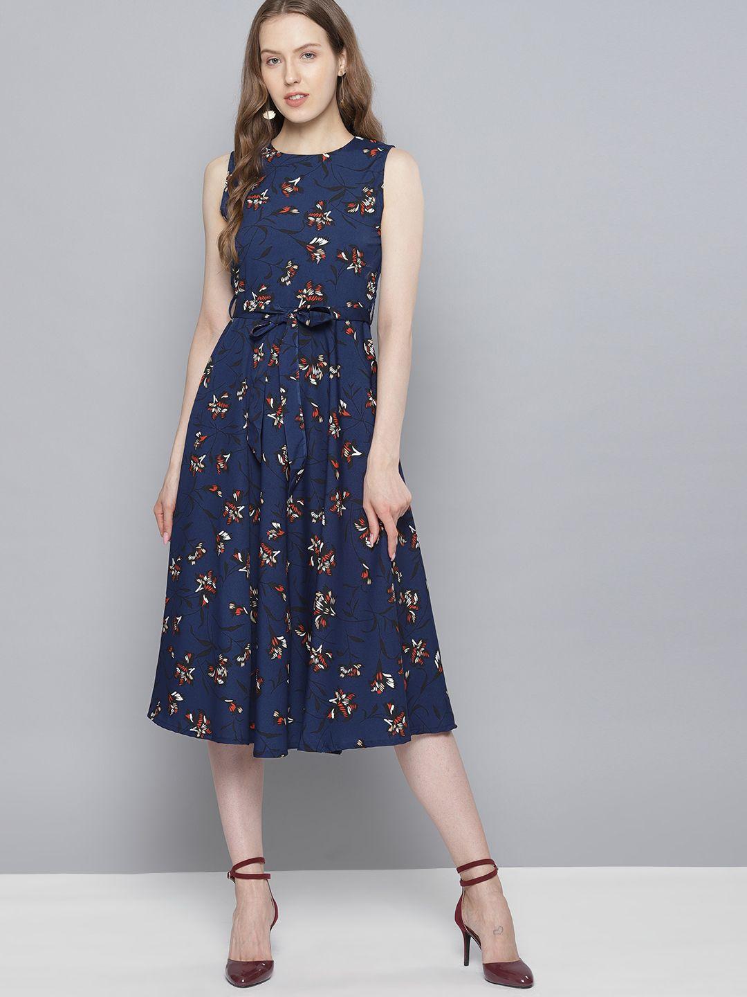 tokyo talkies women navy blue printed fit and flare dress