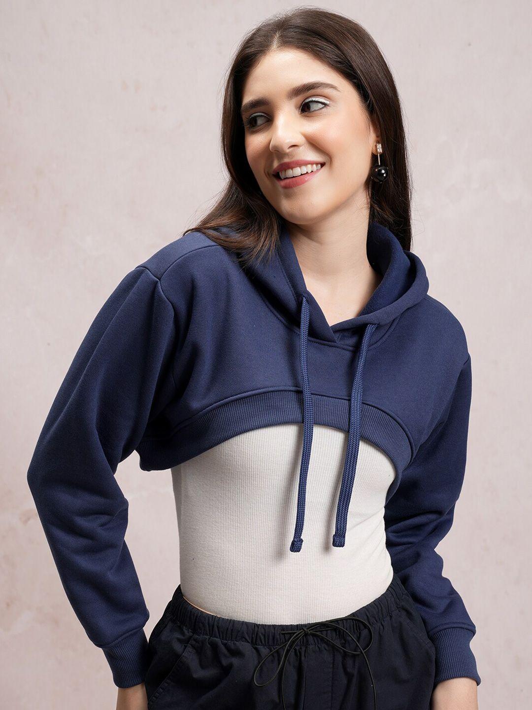 tokyo talkies women navy blue printed hooded sweatshirt